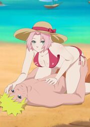 1boy 1girls assertive beach bent_over bikini blonde_hair blue_eyes breasts duo duo_focus female green_eyes hand_on_chest hand_on_face hat kneeling long_hair looking_at_viewer lying_on_back male male/female naruto naruto_(series) naruto_shippuden on_top outdoors pink_hair sakura_haruno shirtless shirtless_(male) short_hair side-tie_bikini smile straight straw_hat swimsuit teasing uzumaki_naruto