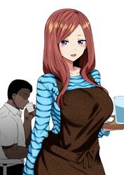 1boy 1boy1girl 1girls adult aged_up apron blue_eyes blush brown_hair clothed_female clothed_male clothing dark-skinned_male dark_skin drink drinking faceless_male female female_focus glass go-toubun_no_hanayome holding_object interracial kuro_bb light-skinned_female light_skin long_hair looking_at_viewer male male/female male_with_female nakano_miku older older_female open_mouth shiny shiny_hair shiny_skin shirt smile tray waitress water