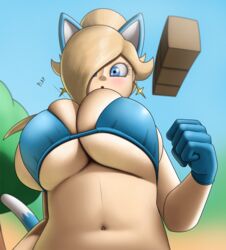 1girls big_breasts bikini bimbo blonde_hair blue_eyes bouncing_breasts catsuit creatiffy cute jiggling_breasts looking_down mario_(series) outdoors outside princess_rosalina super_mario_bros. tree underboob