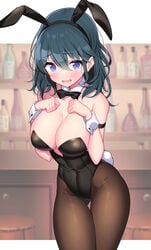 1girls absurdres animal_ears bar bare_shoulders black_neckwear blue_eyes blue_hair blush bow bowtie breasts brown_legwear bunny_ears bunny_girl bunny_tail bunnysuit byleth_(fire_emblem) byleth_(fire_emblem)_(female) cleavage commentary_request cuffs detached_collar eyebrows_visible_through_hair fake_animal_ears fake_tail female female_only fire_emblem fire_emblem:_three_houses hair_between_eyes highres ichi-jirushi large_breasts leotard looking_at_viewer low_neckline medium_hair nintendo one_emblem open_mouth pantyhose playboy_bunny plunging_neckline short_hair solo standing tail teal_hair thigh_gap