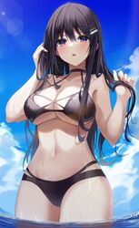 1girls big_breasts bikini black_hair blush breasts gongha midriff navel original original_character purple_eyes revealing_clothes swimsuit thick_thighs thighs wet