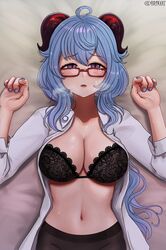 1girls bed big_breasts blue_hair blue_nails bra breasts brikot eye_contact female ganyu_(genshin_impact) genshin_impact glasses horns labcoat looking_at_viewer on_bed pantyhose purple_eyes standing sweat