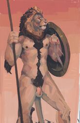 anthro armpit_hair athletic athletic_male balls body_hair brown_body brown_fur elbow_tufts felid flaccid foreskin fur gay genitals happy_trail hi_res lion male mammal mane melee_weapon nemera nipples nude pantherine penis polearm portrait shield solo solo_male spear spotted_nose three-quarter_portrait uncut warrior weapon