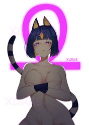 1girls 2021 animal_crossing ankha ankha_ride_(minus8) blue_hair blunt_bangs bob_cut breasts cat_ears cat_girl cat_humanoid cat_tail completely_nude covering_breasts egyptian female female_only hands_covering_breasts humanized implied_penetration implied_sex looking_at_viewer nintendo nude nude_female penetration purple_eyes solo solo_female solo_focus stomach_bulge white_background wide_hips xurae