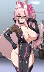 1girls animal_ears areola_slip big_breasts blush bodysuit breasts bunny_ears bunny_girl cleavage covered_nipples fate/grand_order fate_(series) fluffy_ears fluffy_tail glasses grin hand_on_hip koyanskaya koyanskaya_(assassin) koyanskaya_(assassin_first_ascension) koyanskaya_(fate) large_breasts latex_gloves latex_suit leather leather_suit muta_poo nipple_bulge no_bra no_panties open_jacket pink_hair pink_ribbon ribbon seductive smug solo spandex standing thick_thighs voluptuous