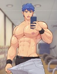 1boy abs absurd_res bara big_muscles big_pecs black_underwear blue_eyes blue_hair bottomwear bracelet fire_emblem fire_emblem:_path_of_radiance fire_emblem:_radiant_dawn gay gay_male gym high_resolution highres holding_object holding_phone huge_pecs human human_only ike_(fire_emblem) jonpeito male male_boobs male_focus male_only man_boobs manboobs moobs mouth_open muscles muscular muscular_male nipples pants pants_down pecs pectorals phone selfie six_pack solo solo_focus sweat sweatdrop sweating tongue tongue_out topless underwear white_skin