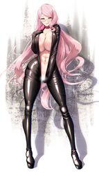 abs earrings fate_(series) glasses grin hand_on_breast high_heels huge_breasts koyanskaya koyanskaya_(assassin) koyanskaya_(assassin_first_ascension) koyanskaya_(fate) latex_suit long_legs neck_ribbon nipples_visible_through_clothing pink_hair seductive showing_breasts showing_off skimpy smug thick_ass thick_legs thick_thighs tight_clothing tongue_out wavy_hair yellow_fur