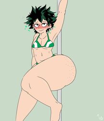 1boy 2021 artist_name barefoot big_ass big_butt bikini blush fat_ass feet femboy freckles green_eyes green_hair hearts huge_ass huge_butt izuku_midoriya looking_at_viewer male_only mr.lewd my_hero_academia pole pole_dancing seductive simple_background solo tagme thick_thighs wide_hips