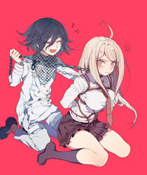 1boy 1boy1girl 1girls akamatsu_kaede annoyed big_breasts bondage chain_leash clothed danganronpa danganronpa_v3 happy leash musical_note ouma_kokichi straight straight_hair wariza zuizi