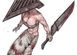 bandeau big_breasts blood blood_stain cleavage female female_only genderswap_(mtf) gloves helmet knife monster_girl muscular muscular_female pyramid_head rule_63 silent_hill silent_hill_(film) solo stained_clothes strapless_bra sword tubetop weapon