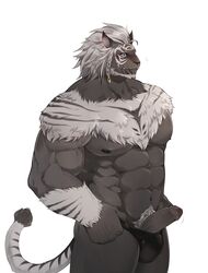 abs absurd_res adkt anthro arm_tuft biceps blush bodily_fluids braided_mane briefs briefs_only chest_fur clothing color embarrassed erection facial_hair facial_scar felid final_fantasy final_fantasy_xiv fur genitals grey_body grey_fur hi_res holding_clothing holding_object holding_underwear hrothgar male male_only mammal markings muscular muscular_male nipples pecs penis poking_out pubes scar simple_background solo square_enix striped_markings stripes sweat sweatdrop tail_tuft triceps tuft underwear video_games white_background