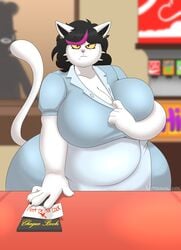 absurd_res anthro anthro_focus apron arrow_through_heart belly big_breasts black_hair blurred_background breasts catti_(deltarune) chubby_cheeks claws cleavage clothed clothing collar collar_pull curvy_figure deltarune detailed_background diner domestic_cat dress ear_piercing ear_ring english_text eyeliner felid feline felis female female_focus frown fully_clothed fur furniture hair heart hi_res highlights_(coloring) huge_breasts huge_hips huge_thighs inside looking_at_viewer makeup mammal note overweight overweight_anthro overweight_female piercing pink_highlights public short_hair solo_focus table text thick_thighs tight_clothing tight_dress video_games voluptuous waiter waitress_outfit whiskers white_body white_fur wide_hips wit_1 witdrawsloods yellow_eyes