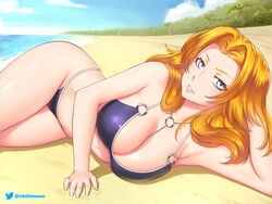 1girls arm_support bare_shoulders beach big_breasts bikini bleach blue_eyes breasts busty chains cleavage clothed clothed_female clothes clothing curvaceous curvy curvy_body curvy_female curvy_figure etchimune female female_only fully_clothed huge_breasts long_hair lying lying_on_side matsumoto_rangiku mole mole_under_mouth necklace ocean on_side orange_hair outdoors parted_lips pendant revealing_clothes sand shiny shiny_hair shiny_skin skindentation solo solo_focus swimsuit twitter_username url voluptuous water watermark web_address wide_hips