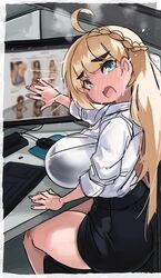 1girls ahoge big_breasts blonde_hair blurry blush braided_hair caught_in_the_act computer_screen desk embarrassed eyebrows_visible_through_hair female female_only green_eyes heavy_blush hi_res long_hair looking_at_viewer louise_(okanderlig) office office_lady pov pov_eye_contact shirt shopping sitting skirt sleeves_rolled_up solo solo_female steam thick_thighs zanamaoria