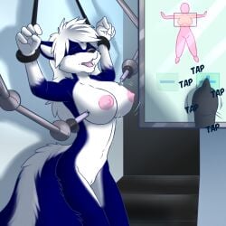 1:1 5_fingers aggrobadger anthro big_breasts blue_body blue_fur breast_expansion breasts closed_eyes expansion female fingers fur mammal mephitid nipples open_mouth skunk solo syringe white_body white_fur wrists_tied