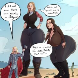 2girls asgardian caiman2 chris_hemsworth cleavage darcy_lewis emmabrave female female_focus giantess gigantic_breasts huge_breasts human hyper_ass jane_foster kat_dennings larger_female light-skinned_female light-skinned_male light_skin male marvel marvel_cinematic_universe mature_female mjolnir natalie_portman size_difference smaller_male speech_bubble tagme thick thick_thighs thor_(marvel) thor_(series) voluptuous