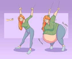 arms_tied fat fat_ass force_feeding glasses huge_belly immobile immobilization long_hair massive_belly onomatopoeia red_hair thin_waist villaru weight_gain