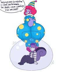 anthro ass balls_outline big_butt black_bottomwear black_clothing black_pants blue_body blue_clothing blush bodysuit bottomwear bubble bubble_butt bubbuns_(drawful-s) butt_flap clothing clown clown_nose crazy_eyes detailed_bulge domestic_cat dominant dominant_male drawful-s duo english_text eyeshadow felid feline felis footwear fur genital_outline hair hat headgear headwear hi_res huge_butt hybrid hyper hyper_butt insane inside_bubble larger_male makeup male male/male mammal marine mephitid mime multicolored_body multicolored_scales nervous nick_(poisonprimarina) onesie pajamas pants pink_clothing pink_eyeshadow pink_footwear pink_shoes pinniped purple_body purple_clothing purple_fur purple_hat purple_headwear red_hair red_nose rubber rubber_suit ruffled_collar scales seal sharp_teeth shoes short_tail size_difference skinsuit skunk smaller_male stuck submissive submissive_male suspenders teeth text tight_clothing trapped two_tone_body two_tone_hat two_tone_scales two_tone_tail