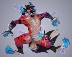 ball_fondling balls bodily_fluids dagger_(vaporyeen) digitigrade disembodied_hand fangs feet floating floating_hands fondling fur furry genital_fluids genitals ghost_hands glans hand_on_paw hand_on_penis hand_on_stomach hindpaw humanoid_genitalia humanoid_penis hyaenid ksejl male mammal pawpads paws penis precum precum_string red_body red_eyes red_fur simple_background solo spots spotted_body spotted_fur spotted_hyena