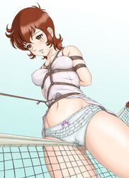 1girls aim_for_the_ace! bondage breasts brown_hair cameltoe female hiromi_oka panties rope short_hair solo tennis_uniform