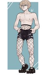 abs black_shorts blonde_hair blue_eyes danganronpa glasses light_skin looking_away male male_only nipples ripped_clothing shoes short_hair shorts signature simple_background smooth_skin stockings togami_byakuya