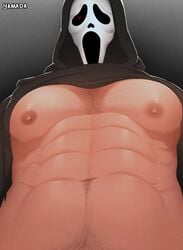 1boy abs bara body_hair chest_hair dead_by_daylight faceless_male ghost_face ghostface hair hoodie light-skinned_male light_skin looking_at_viewer male male_focus male_only mask muscles muscular muscular_male nipples pov red_eyes scream_(franchise) shirt_lift shirt_up solo solo_focus solo_male taker_pov what white_skin yamada yammburger