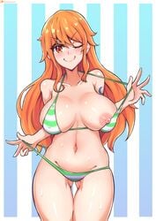 bebatch bikini breasts female female_only huge_breasts long_hair nami one_piece orange_eyes orange_hair shounen_jump solo solo_female striped_bikini