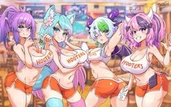 4girls ass ass_cleavage bebatch between_breasts breasts butt_crack cleavage demon_girl female female_only froot hooters horns huge_breasts ironmouse melody_(projektmelody) midriff multicolored_hair multiple_girls projektmelody silvervale two_tone_hair virtual_youtuber vshojo wolf_ears wolf_tail