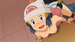 1boy1girl 1girls ambiguous_penetration animated beanie breasts dark_hair dawn_(pokemon) female hat human mouth_open nintendo nipples panties pokemon pokemon_dppt satoshi_(pokemon) sex skirt skirt_up striped_panties tears underwear