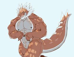 abs animal_genitalia anthro biceps black_sclera cloaca fossil_pokémon genitals hi_res male male_only monochrome_kg muscular muscular_male neck_tuft nintendo nipples nude pecs pokémon_(species) pokemon red_body red_skin simple_background solo triceps tuft tyrantrum video_games