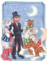 1boy 2001 3girls animal_genitalia anthro arctic_fox armwear bishoujo_senshi_sailor_moon black_nose blue_eyes boots bottomless bottomwear breasts canid canine chakat clothed clothing dipstick_tail ear_piercing ear_ring elbow_gloves felid felid_taur female fennec flower flower_in_mouth footwear forestwalker fox fully_sheathed genitals gloves group hair handwear hat headgear headwear kacey kris_fletcher leanna_fennec long_hair looking_back male mammal mammal_taur medium_breasts moon multicolored_tail multiple_females multiple_girls original original_character original_characters piercing pink_nose plant red_fox rose_(flower) rose_in_mouth sailor_jupiter_(cosplay) sailor_mars_(cosplay) sailor_moon_(cosplay) sheath skirt taur top_hat trina_snowfox tuxedo_mask_(cosplay)