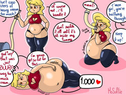 bbw belly_stuffing blonde_hair chubby hose_in_mouth huge_belly mcsoftie onomatopoeia tube_feeding weight_conscious weight_gain