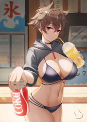 1girls animal_ears bikini black_bikini borrowed_character breasts choker cleavage drink eyebrows_visible_through_hair female female_only highres kemonomimi large_breasts light-skinned_female light_skin looking_at_viewer micchan_(ohisashiburi) navel outdoors pale-skinned_female pale_skin red_eyes short_brown_hair short_hair swimsuit tomboy very_short_hair wei_xiao