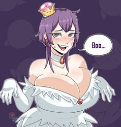 1girls alternate_breast_size alternate_costume bare_shoulders bernadetta_von_varley bluueygooey boosette boosette_(cosplay) breasts bulging_breasts choker chubby cleavage collarbone crossover crown curvy earrings elbow_gloves english_text fire_emblem fire_emblem:_three_houses ghost ghost_girl gloves grey_eyes halloween huge_breasts looking_at_viewer looking_up looking_upward mario_(series) medium_hair nervous nervous_smile nervous_sweat new_super_mario_bros._u_deluxe nintendo open_mouth overflowing_breasts post-timeskip purple_hair smile solo super_crown sweatdrop text voluptuous