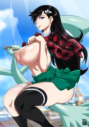 1girls bayeuxman black_hair bleach blue_eyes blush broom broom_riding burn_the_witch cloud curvaceous curves curvy green_skirt high_resolution huge_breasts human large_breasts looking_at_viewer no_bra noel_niihashi outdoors outside scarf sitting skirt sky thick_thighs topless