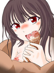 1boy 1girls aged_up black_hair blush eating_smegma excessive_smegma fellatio femsub foreskin handjob kono_subarashii_sekai_ni_shukufuku_wo! licking licking_penis looking_at_viewer maledom megumin nervous nipples nude open_mouth oral penis penis_lick red_eyes short_hair small_breasts smegma tongue tongue_out topless utty0