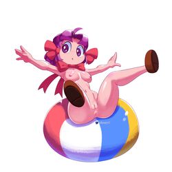 1girls arms_out artist_name beach_ball bowtie genderbend hair_ribbon humanized jester kirby_(series) kirby_super_star kirby_super_star_ultra marx marx_(minus8) milky_way_wishes minus8 naked_footwear nintendo nude_female o.o purple_eyes purple_hair rule_63 solo white_background