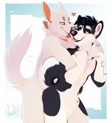 2019 absurd_res animal_genitalia anthro arm_tattoo berger_blanc_suisse black_hair canid canine canis domestic_dog duo fully_sheathed fur genitals green_eyes hair heart herding_dog heterochromia hi_res hug hugging_from_behind husky kwik_(artist) laasko love male male/male mammal nordic_sled_dog pastoral_dog scar sheath siberian_husky siege_whitemutt simple_background spitz tattoo white_body white_fur