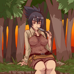 1girls bangs big_breasts bodysuit breasts brown_eyes brown_jacket clothed_female fishnet_bodysuit fishnets forehead_protector grass hair_between_eyes highres holding holding_weapon in_mouth jacket jewelry kunai kunoichi long_hair long_sleeves looking_at_viewer mitarashi_anko naruto naruto_(series) navel necklace ninja oerba_yun_fang on_floor open_clothes open_jacket outdoors plague_of_gripes ponytail purple_hair sitting smile sunset thick_thighs tree weapon