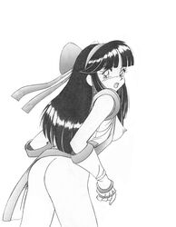 1girls ainu_clothes ass black_hair bottomless female female_only hair_ribbon kame_(artist) long_hair looking_at_viewer looking_back medium_breasts monochrome nakoruru nipples no_bra open_clothes open_mouth samurai_shodown sideboob sitting snk solo surprised