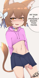 1boy animal_ears big_penis blush brown_eyes brown_hair cat_ears cat_tail catboy cropped_hoodie crossdressing crossdressing_male eye_contact felix_argyle femboy girly hatsumiilkshake humanoid hung_trap looking_at_viewer male male_only monster_boy penis re:zero_kara_hajimeru_isekai_seikatsu short_hair skirt small_but_hung solo solo_male speech_bubble standing stockings tail text trap_is_bigger