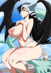 1girls bat_wings bayeuxman black_hair bleach blue_eyes blush broom broom_riding burn_the_witch cloud curvaceous curves curvy high_resolution huge_breasts human large_breasts looking_at_viewer noel_niihashi outdoors outside sky solo thick_thighs topless white_panties