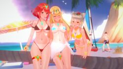 1boy 3d 3girls amber_eyes animal_ears azmo beach big_breasts bikini bikini_skirt blonde_hair blush cat_ears catgirl koikatsu mythra nia nia_(xenoblade) pyra red_eyes red_hair rex_(xenoblade) short_hair swimsuit tan_skin xenoblade_(series) xenoblade_chronicles_2 yellow_eyes