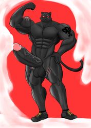 anatake anthro balls bara better_version_at_source big_balls big_muscles big_penis black_body black_fur black_penis bodily_fluids clothing cum domestic_cat ejaculation epic_games excessive_cum eye_scar facial_scar felid feline felis flexing_bicep footwear footwear_only fortnite fur genital_fluids genitals huge_cock hyper_penis looking_at_viewer male male_only mammal meowscles_(fortnite) mostly_nude muscular penis red_background red_eyes scar shadow_meowscles_(fortnite) shoes shoes_only simple_background solo tattoo vein veiny_penis video_games