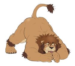 1male ankle_tuft anthro bara barazoku beefy blep blush blush_lines body_fur brown_body brown_fur claws closed_eyes elbow_tufts facial_hair felid fur hi_res jack-o'_pose jack-o_pose leg_tuft leonine leonine_tail lion male male_only mammal mane masculine mature_male muscular muscular_male nude pantherine pose raised_tail ross_(rossciaco) rossciaco solo tail_tuft thick_thighs tongue tongue_out tuft