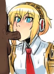 1boy aegis_(persona) aigis_(persona) android blonde_hair blowjob blue_eyes blush dark-skinned_male fellatio female naked nude_male oral oral_sex persona persona_3 pie_(artist) pubic_hair sweat