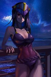 balcony beach cleavage dudeunderscore hair_over_one_eye hat highres morag_ladair_(xenoblade) night nintendo ocean swimsuit water xenoblade_(series) xenoblade_chronicles_2