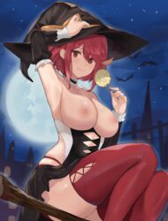 1girls big_breasts breasts broom_riding candy female female_only food full_moon hat j@ck latex lollipop looking_at_viewer medium_breasts night nipples outdoors outside pyra pyra_(xenoblade) red_hair short_hair side_saddle_position smile solo solo_female topless topless_female witch_hat xenoblade_(series) xenoblade_chronicles_2