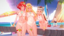 1boy 3d 3girls amber_eyes animal_ears azmo beach big_breasts blonde_hair blush cat_ears catgirl koikatsu mythra nia nia_(xenoblade) nude_female pyra red_eyes red_hair rex_(xenoblade) short_hair tan_skin xenoblade_(series) xenoblade_chronicles_2 yellow_eyes