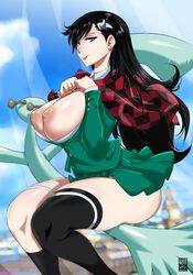 1girls bayeuxman black_hair bleach blue_eyes blush broom broom_riding burn_the_witch cloud curvaceous curves curvy green_jacket green_skirt high_resolution huge_breasts human large_breasts long_sleeves looking_at_viewer no_bra noel_niihashi outdoors outside scarf sitting skirt sky thick_thighs topless